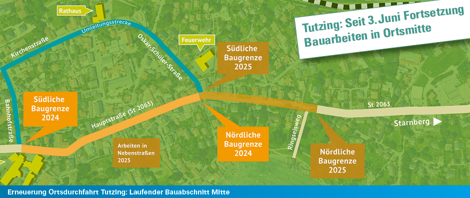 Seit Anfang Juni 2024 laufen die Arbeiten für den Bauabschnitt Mitte in Tutzing! - © Staatliches Bauamt Weilheim